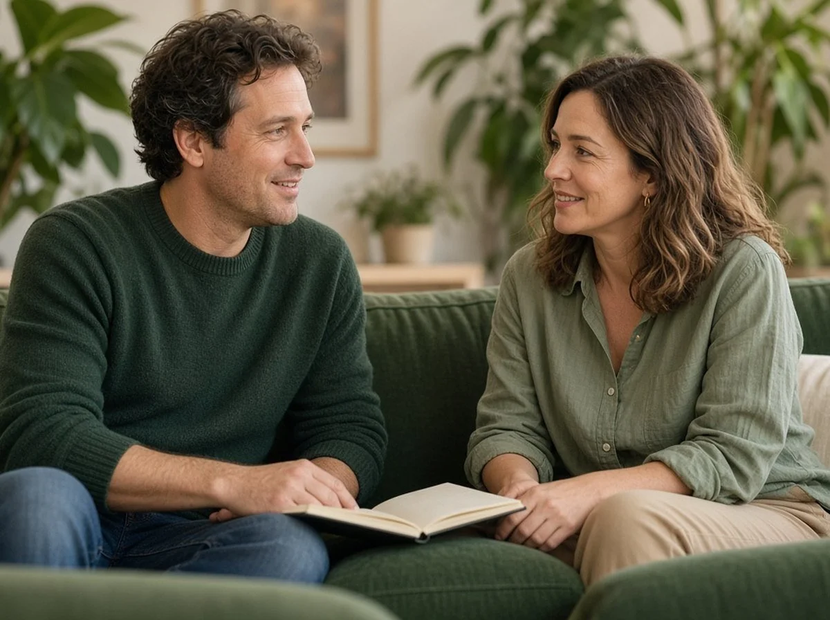 A couple talking through their plans together on a sofa