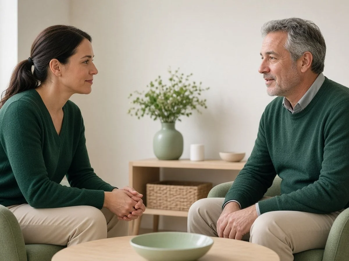 A counsellor and a man in his fifties talking face to face in a calm counselling room