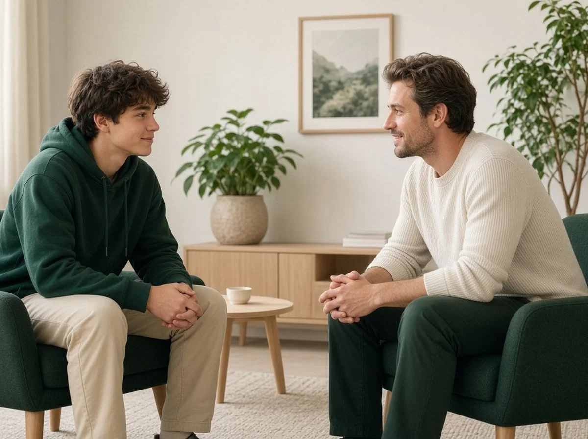 A teenage boy talking with a counsellor
