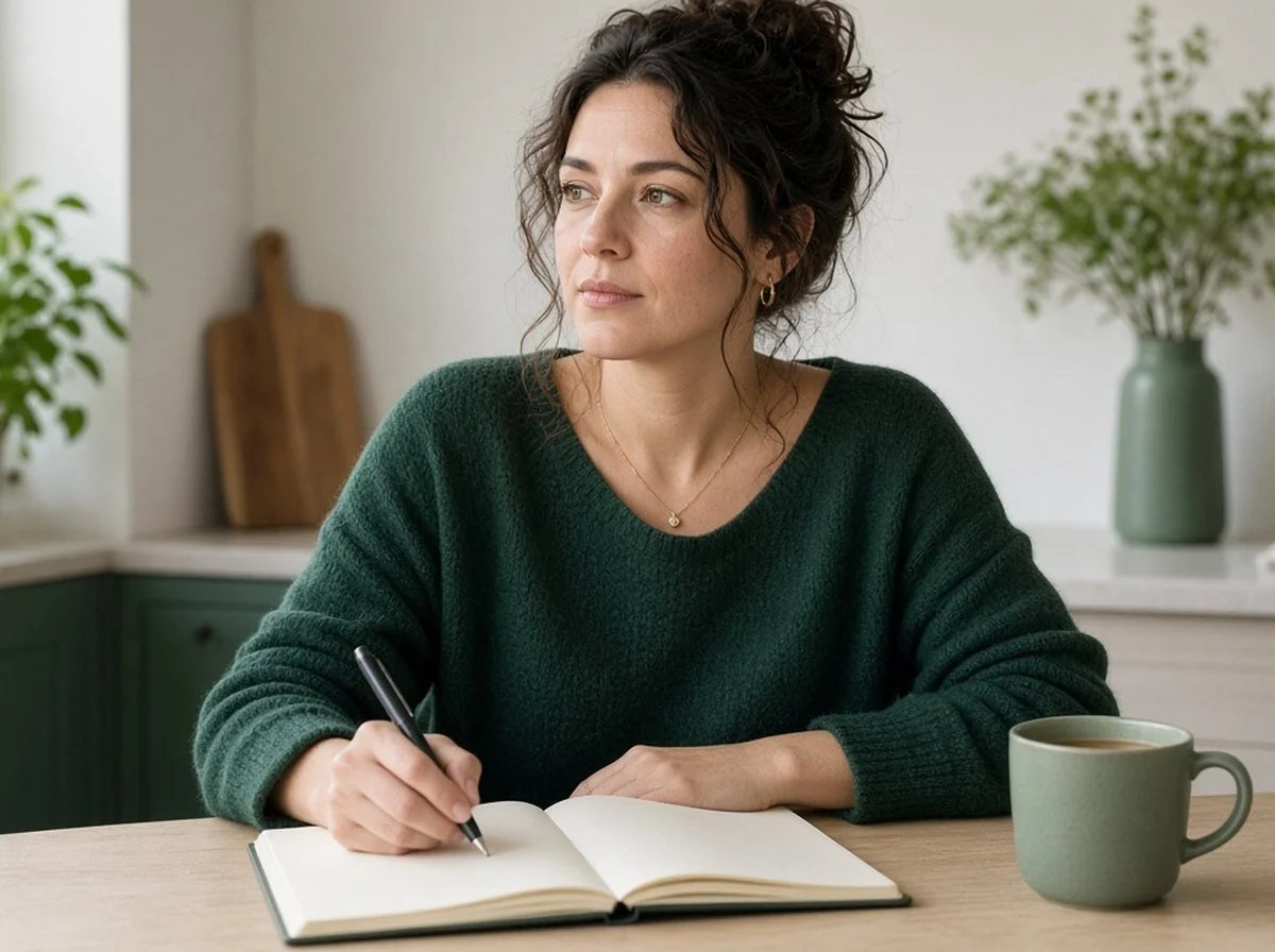 Woman pausing while writing in a journal at a kitchen table