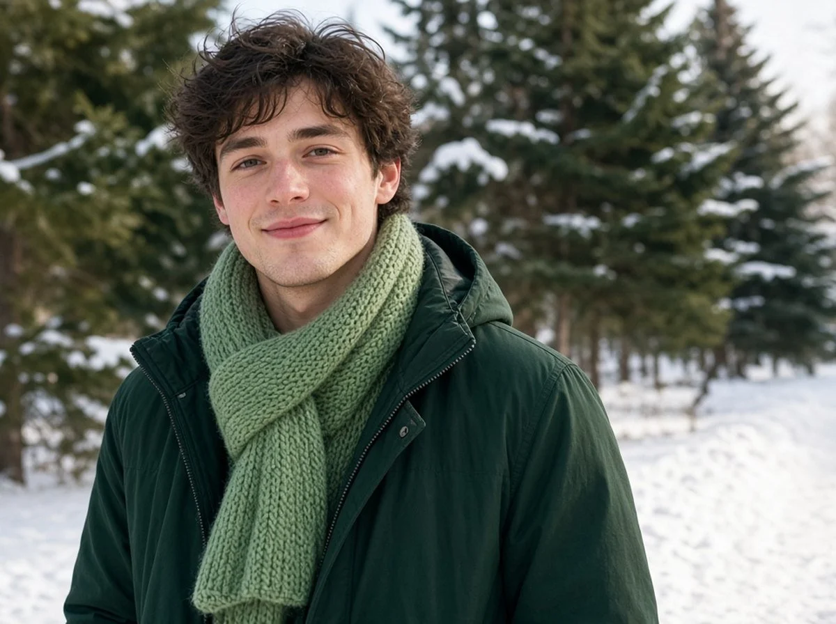 A young man smiling on a winter walk in a snowy park