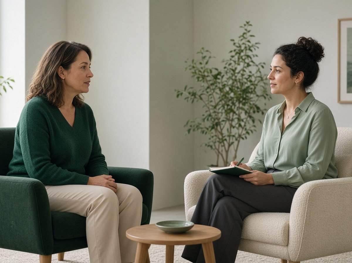 An adult talking with a counsellor in a calm room