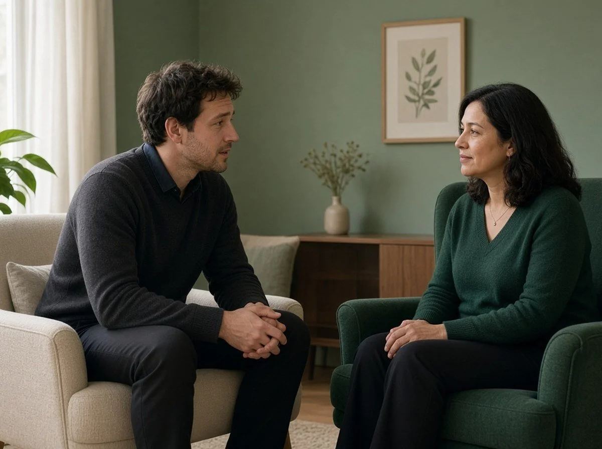 A man and a counsellor facing each other talking in a calm room