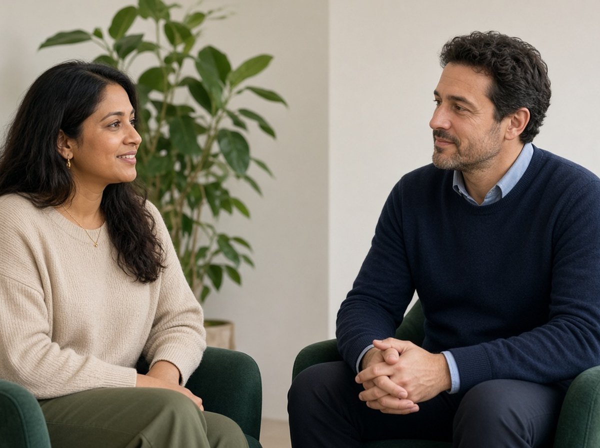 Woman talking with a male therapist in a bright office