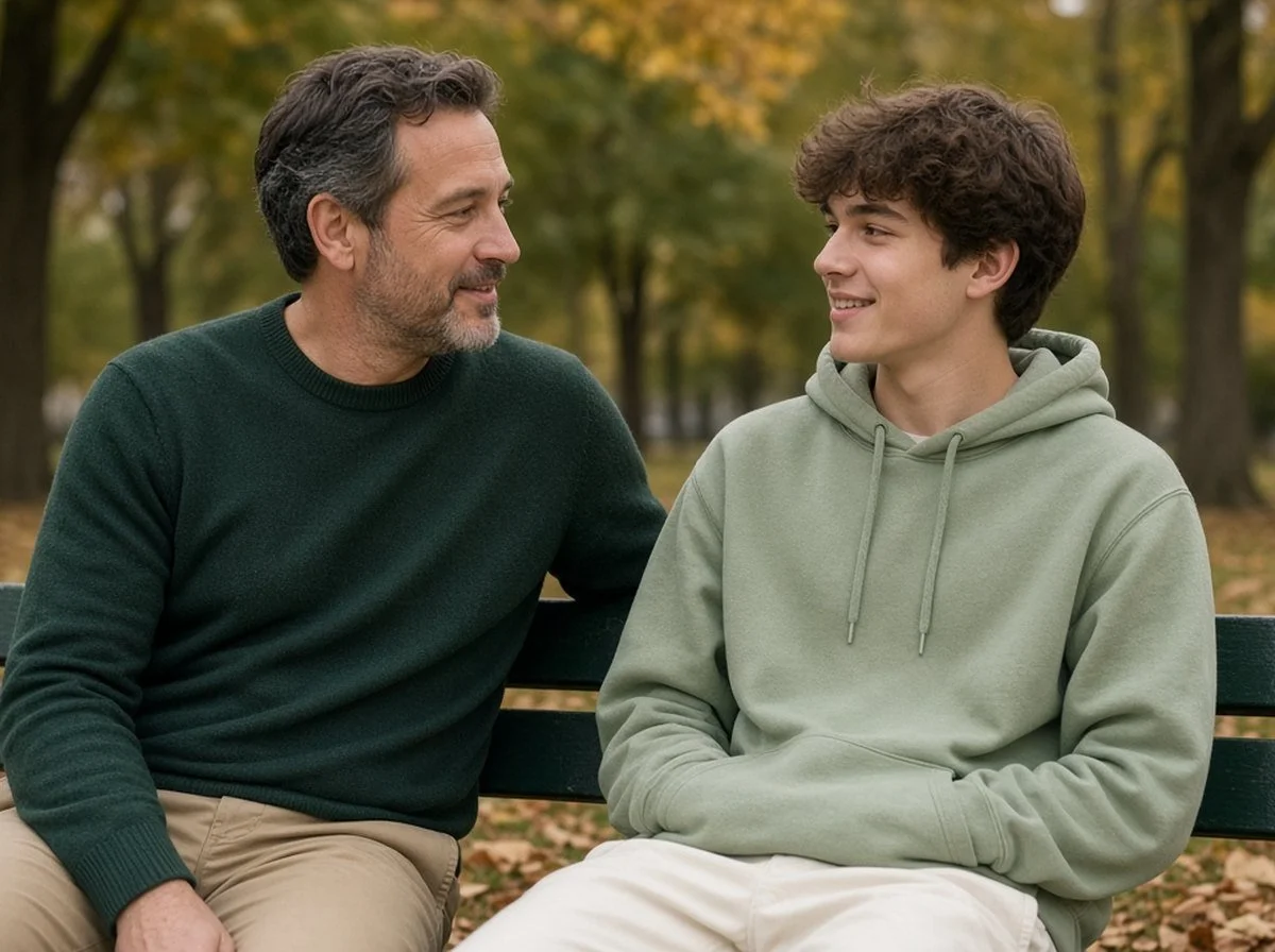 A father and teenage son talking on a park bench