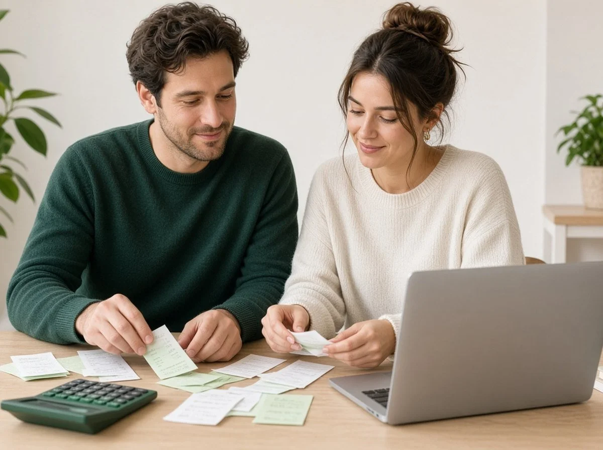 Couple sorting receipts together at a dining table