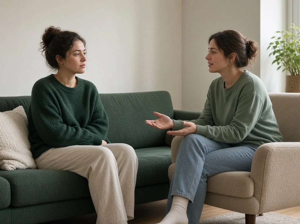 A tired young woman on a couch talking with a friend who sits facing her and listens