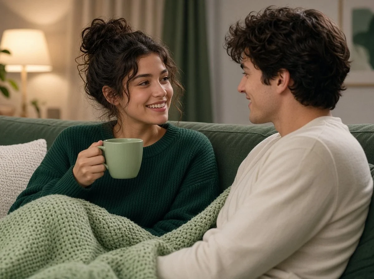 Two friends relaxing on a cozy sofa with tea