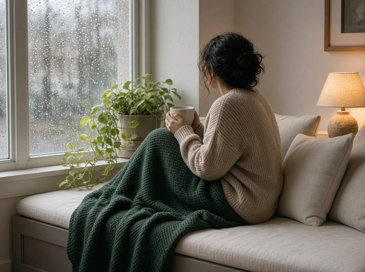 a person sitting by a rainy window at home, lost in thought with a cup of tea