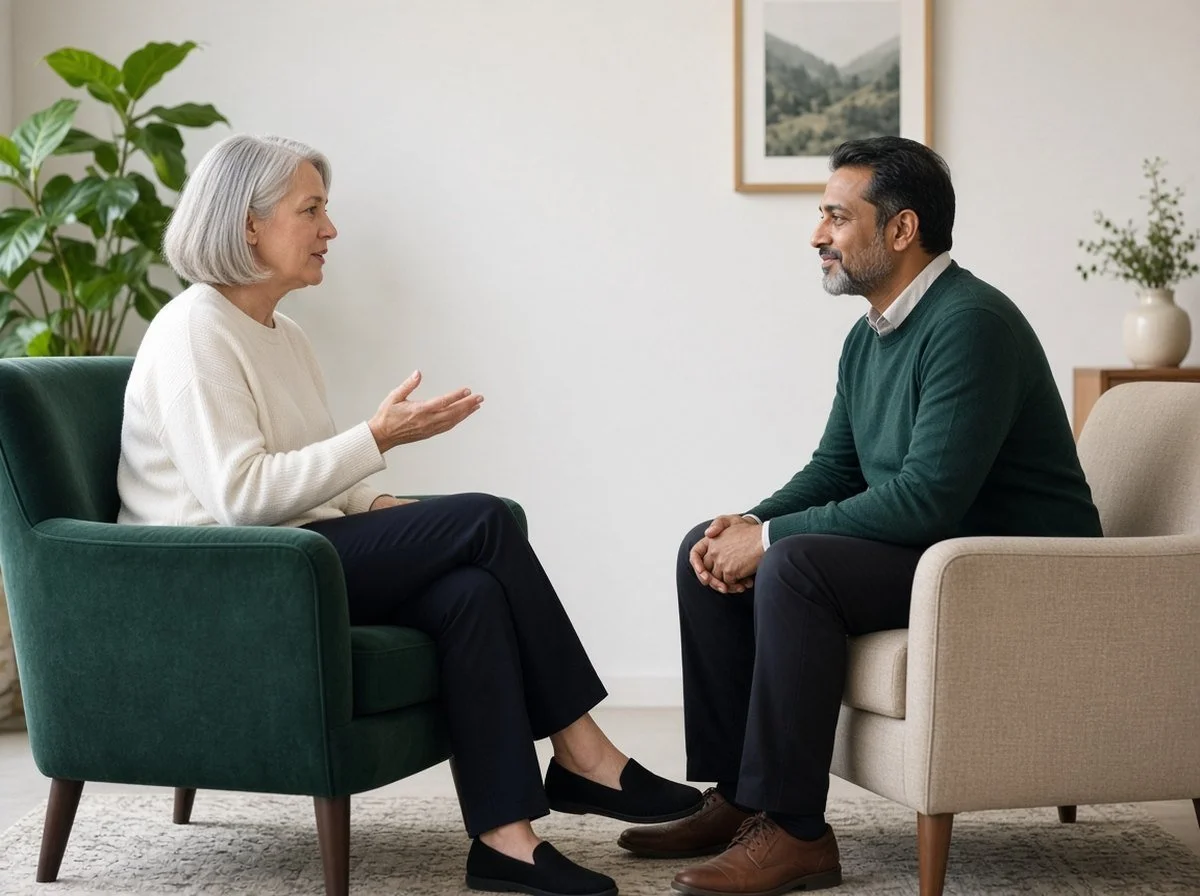 Woman talking with a counsellor about a problem as something separate from herself