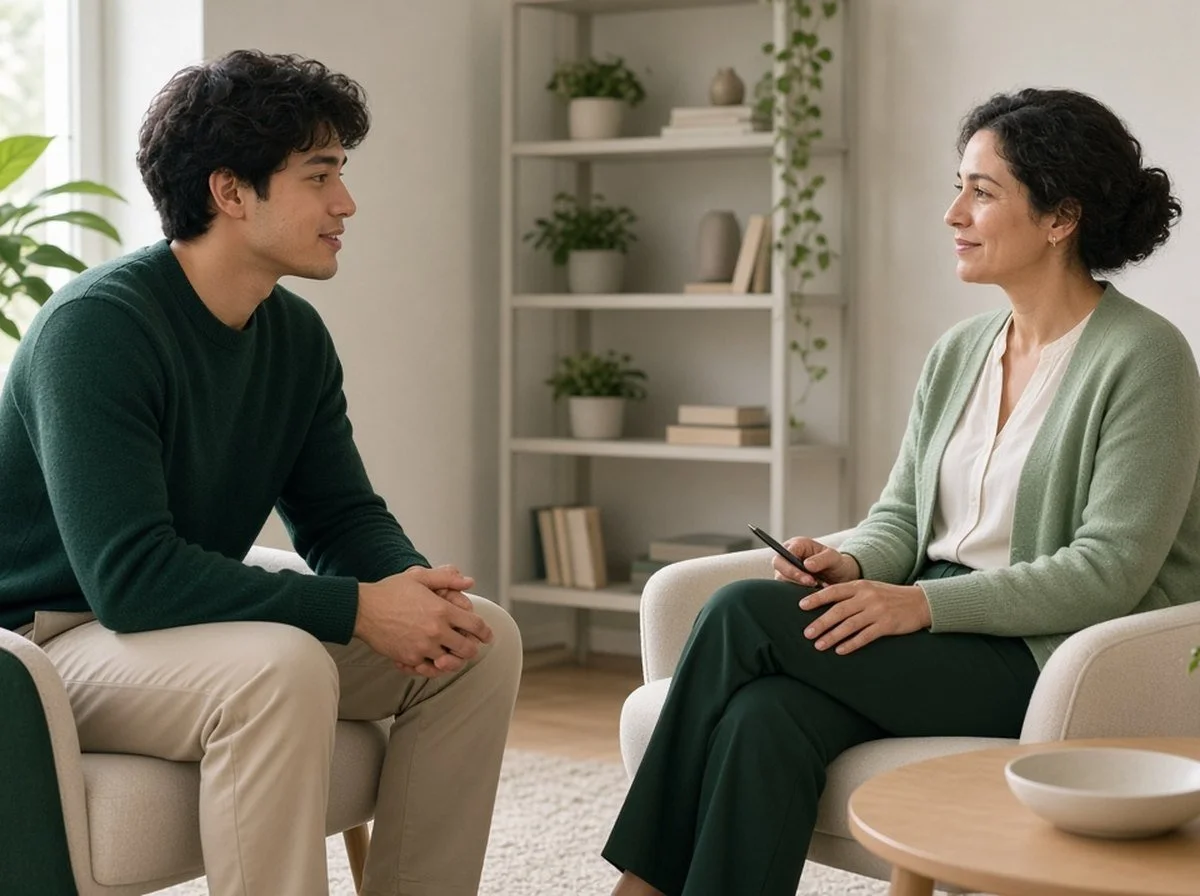 A young man talking with a therapist in a bright counselling office