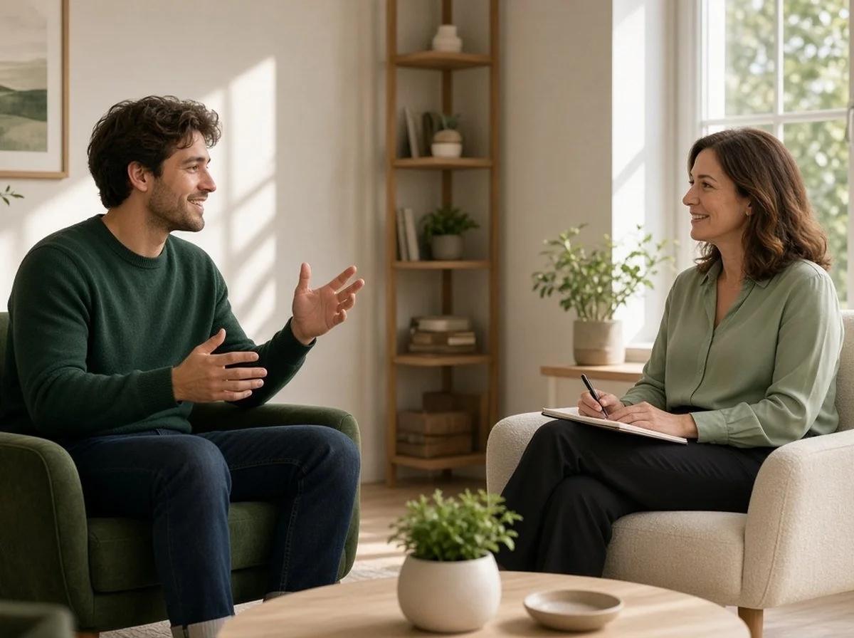 An adult talking with a counsellor