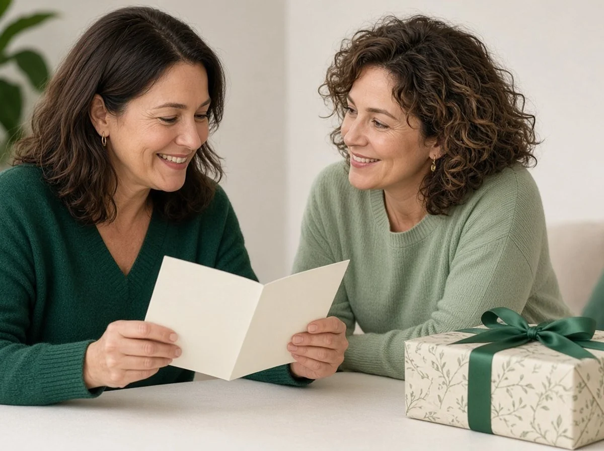An adult smiling as they open a handwritten card from a friend