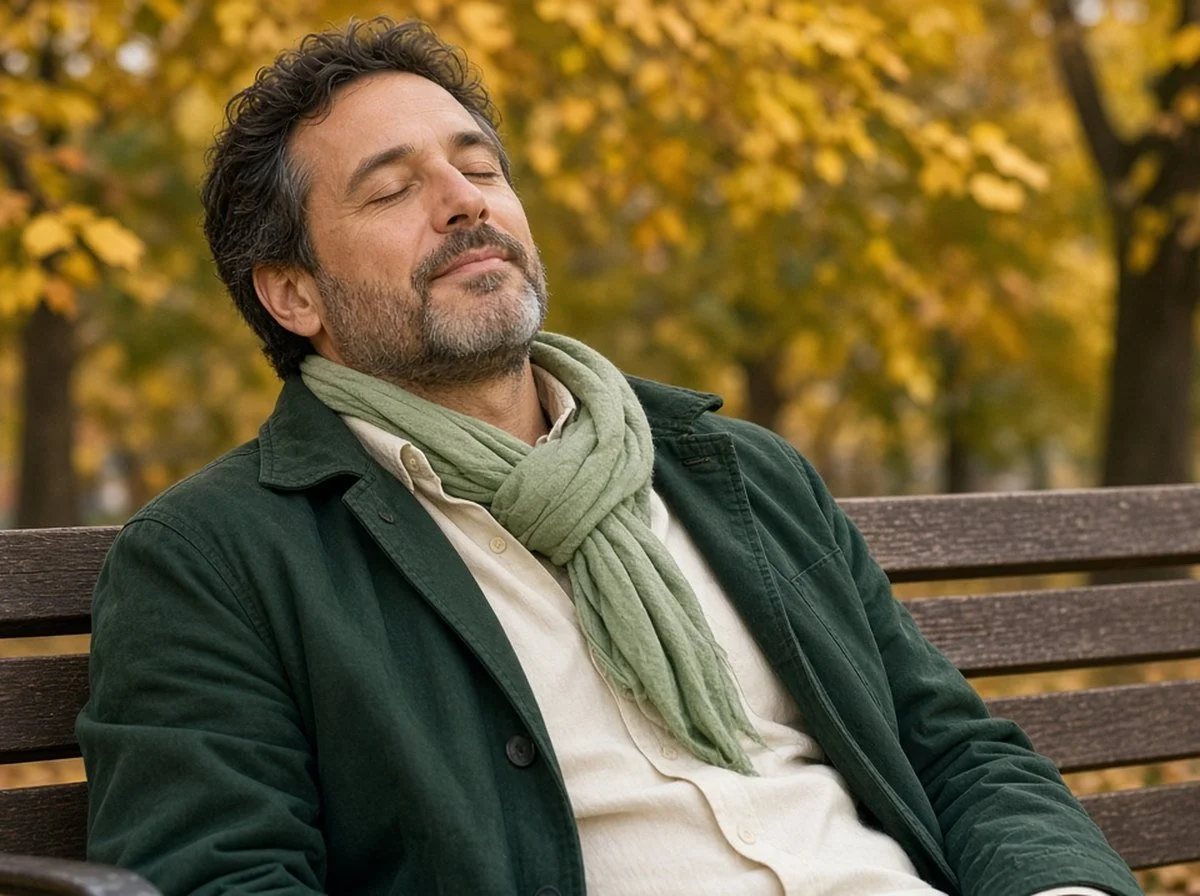 Man resting on an autumn park bench with his eyes closed
