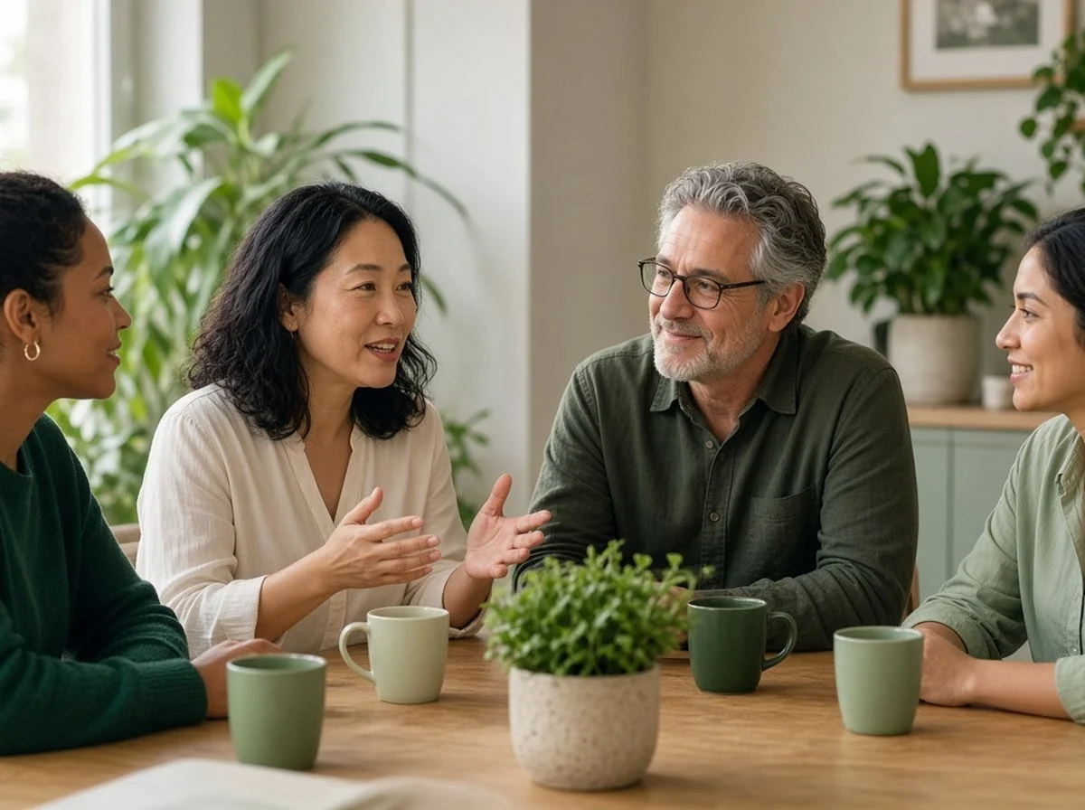 Coworkers talking together in a calm break room