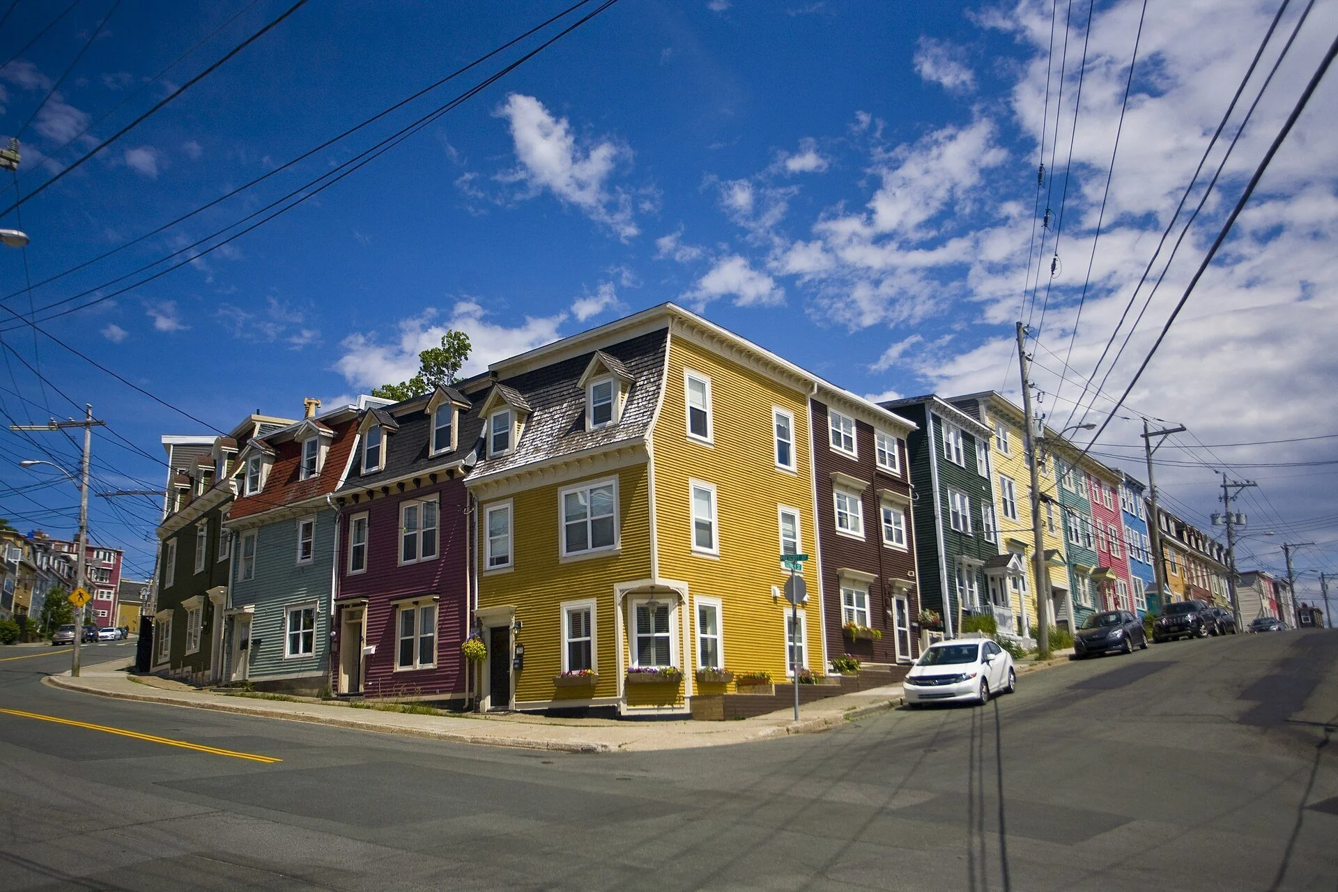 Brightly painted row houses on a street in St. John's, Newfoundland.