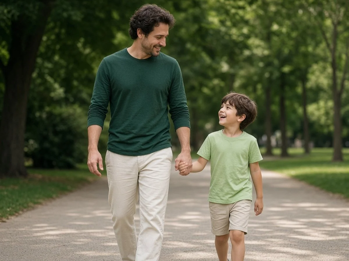 Father and young son walking hand in hand on a park path, the boy laughing