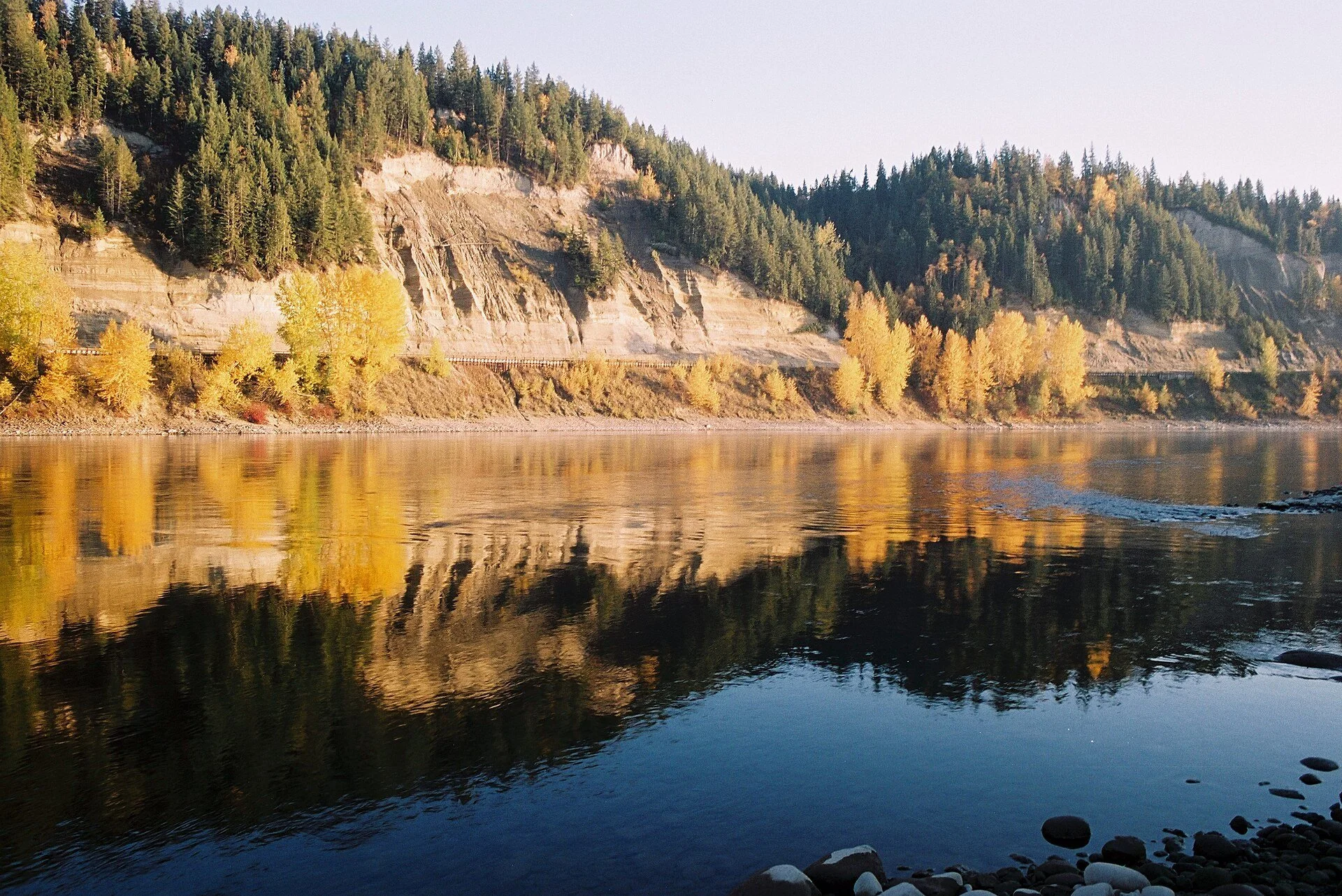 The calm Nechako River lined with trees in Prince George, British Columbia.