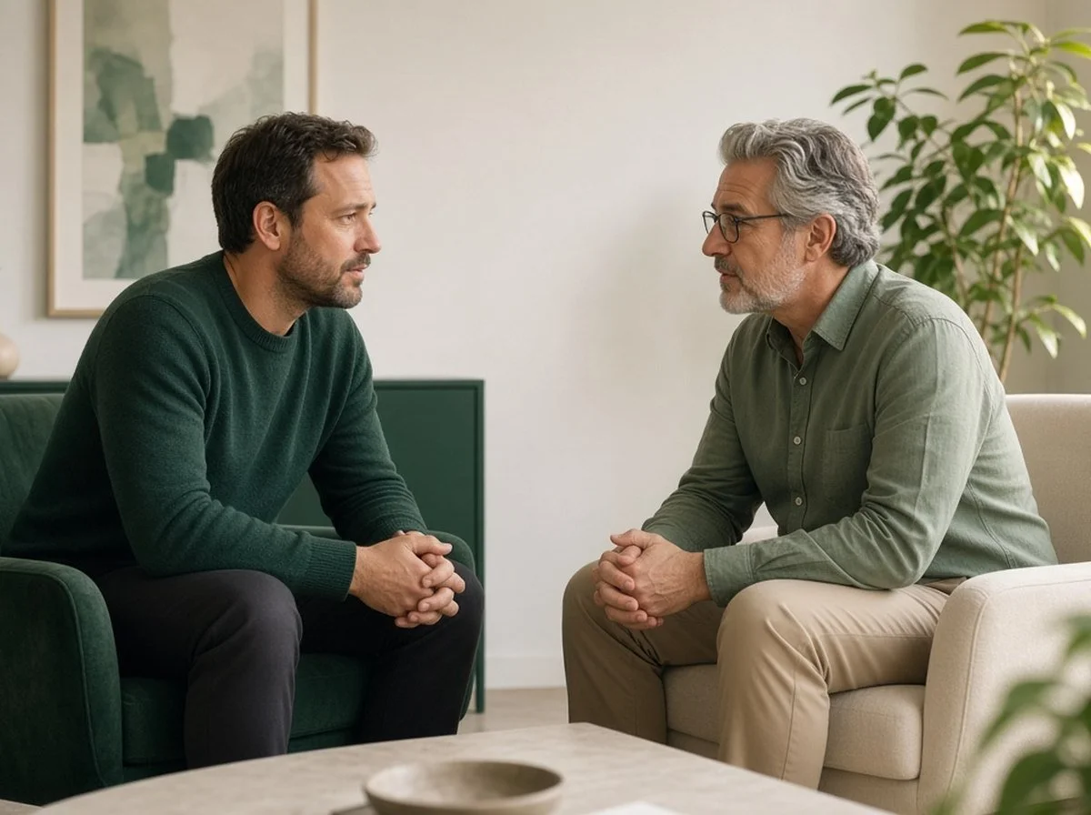A man talking with a male therapist in a counselling office