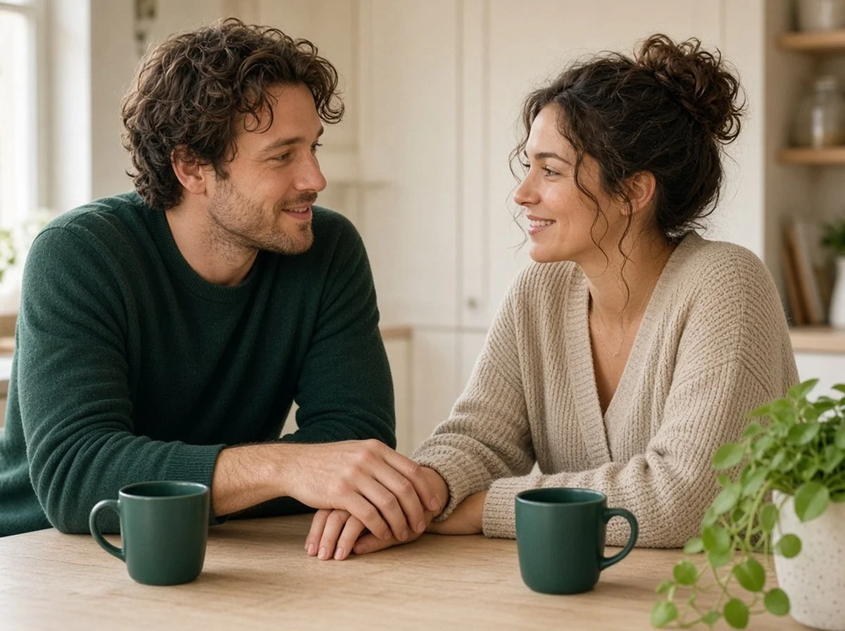 Couple talking calmly at a table with coffee mugs