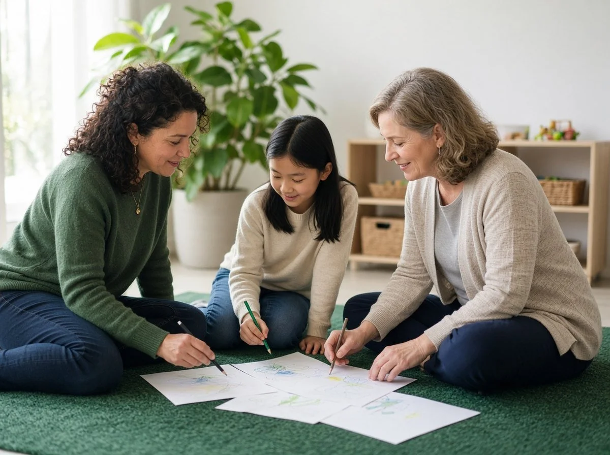 Mother and daughter drawing together with a counsellor in a playroom