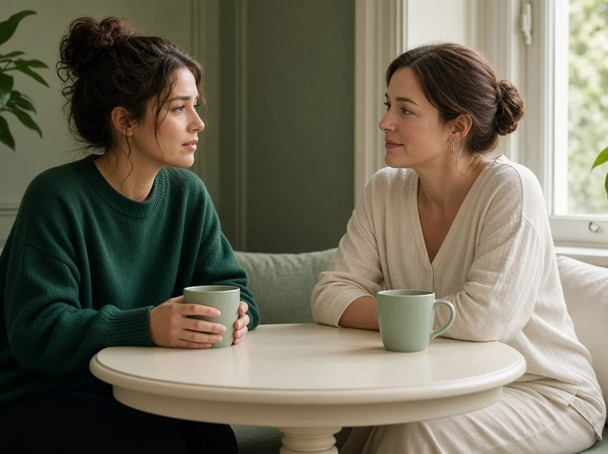 Two women friends talking at a small table by a window
