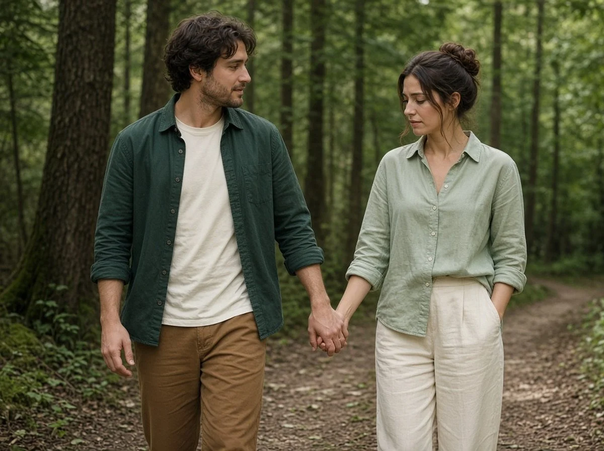 Couple holding hands on a forest path, one partner looking hesitant