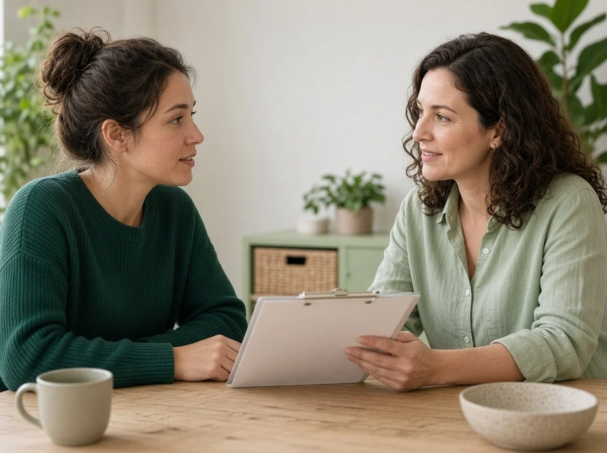 An adult talking with a psychologist during an assessment in a bright room