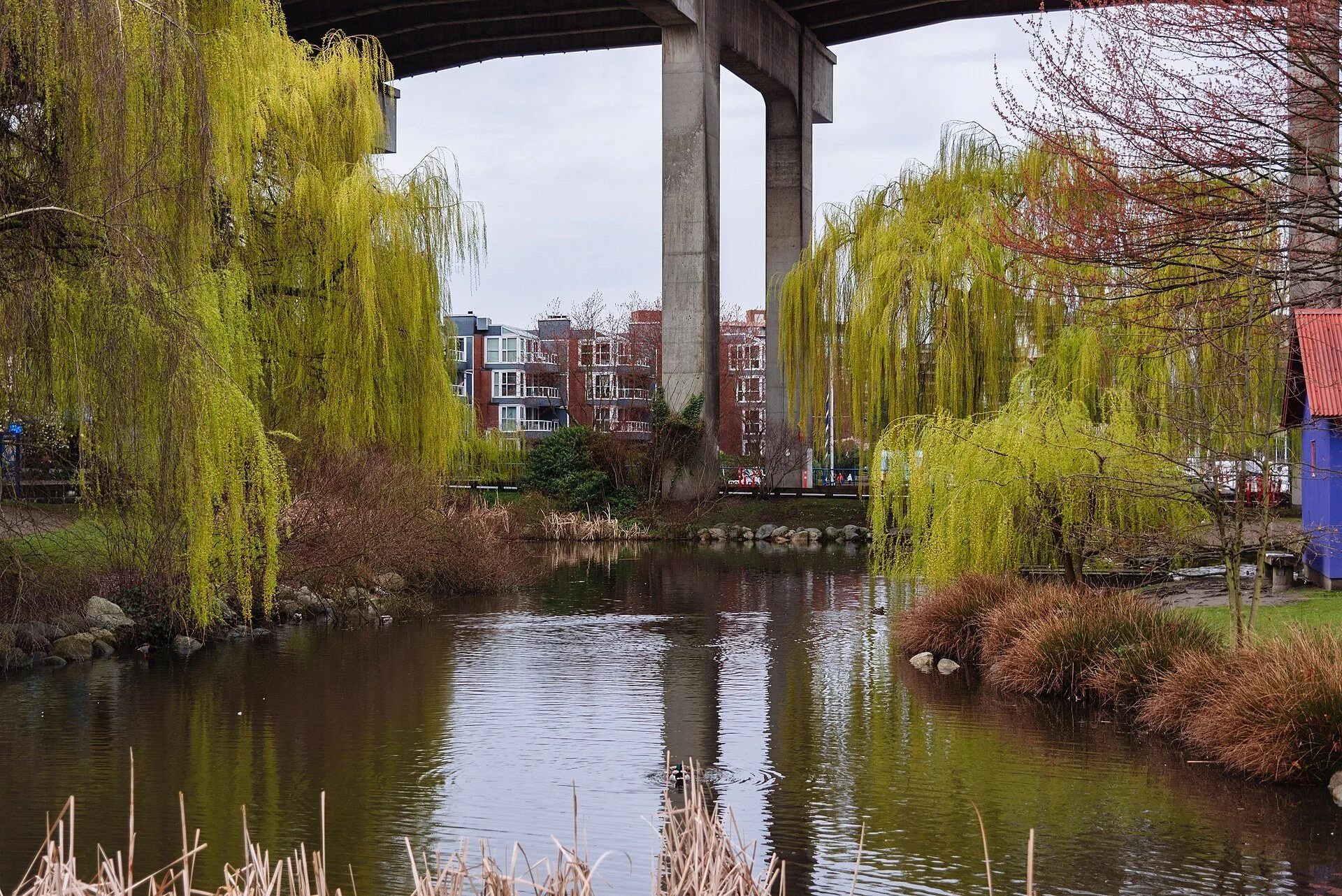 View toward the Granville Street Bridge from Granville Island in Vancouver.