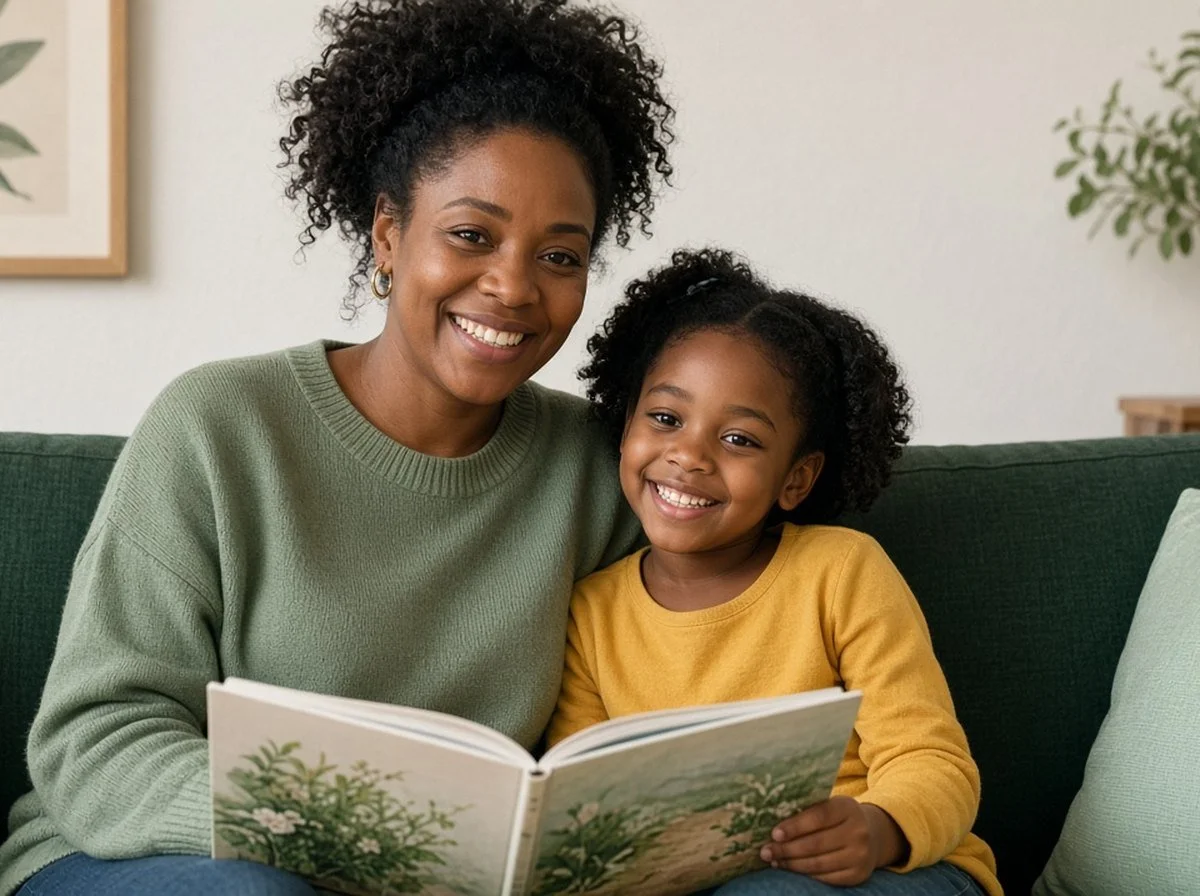 Mother and young daughter reading together on a couch