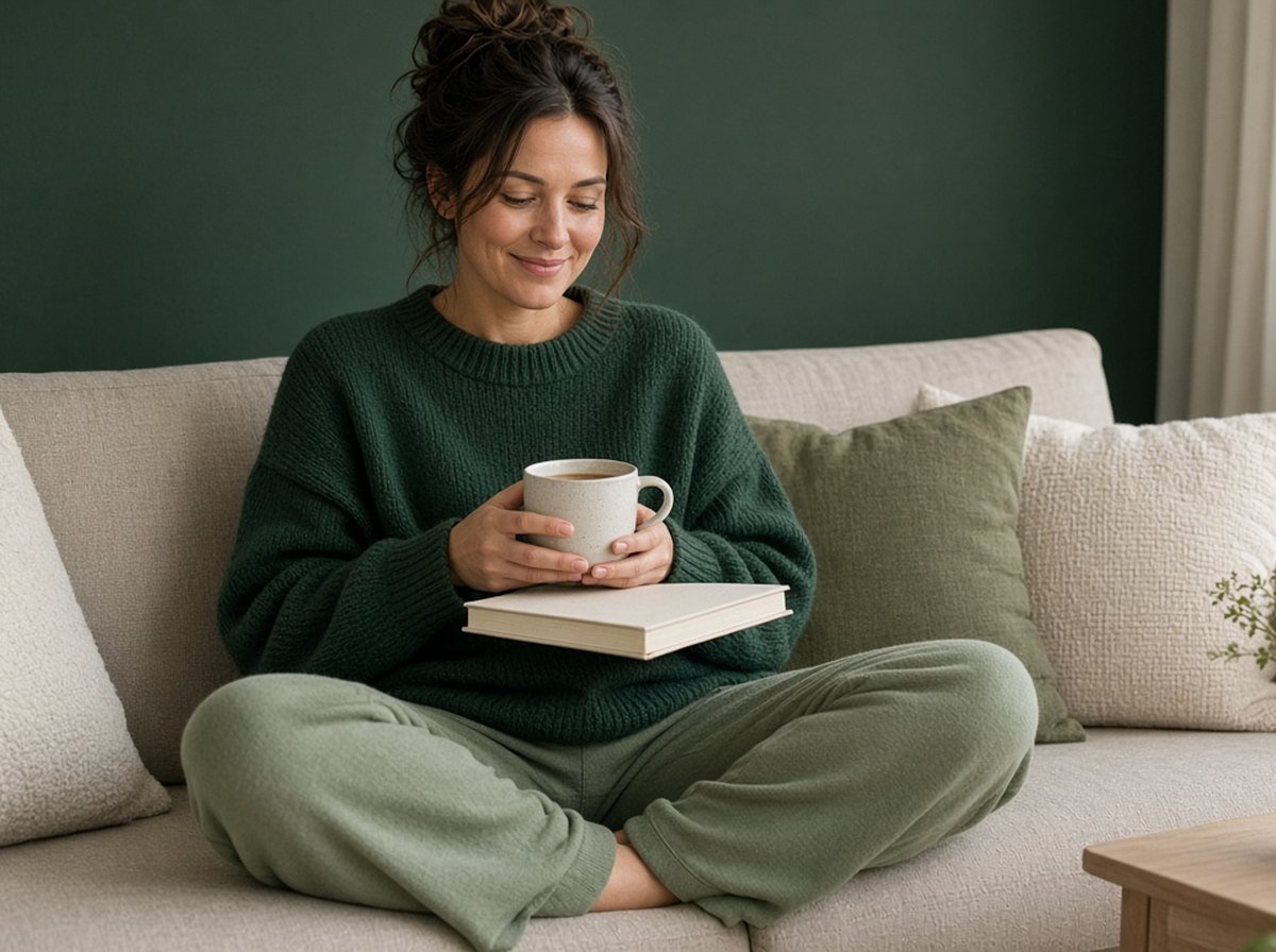 Woman relaxing on a sofa with tea and a book