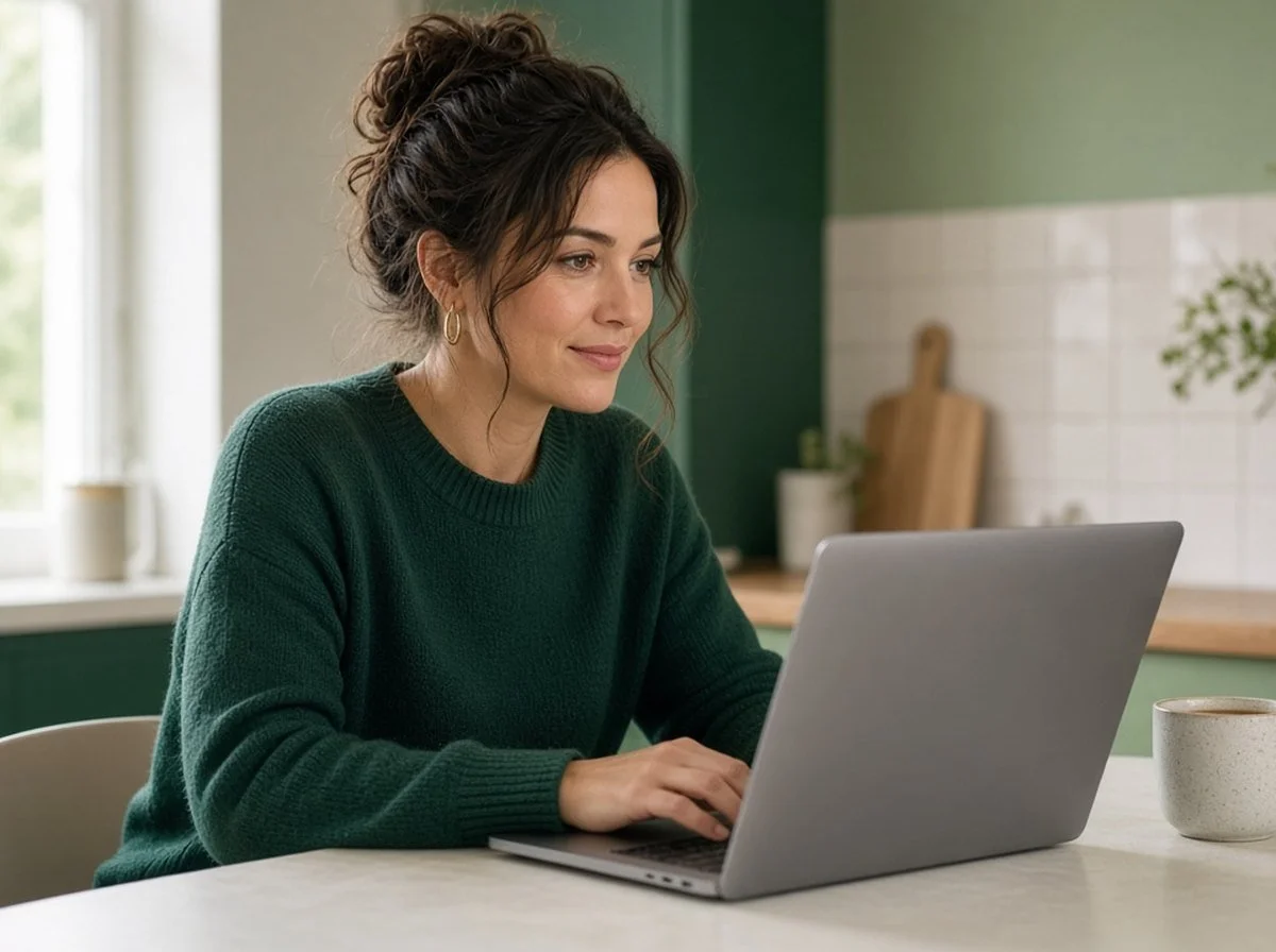 A woman at home in an online counselling session