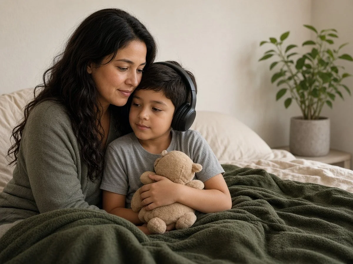 Parent and autistic child taking a quiet break during a holiday gathering