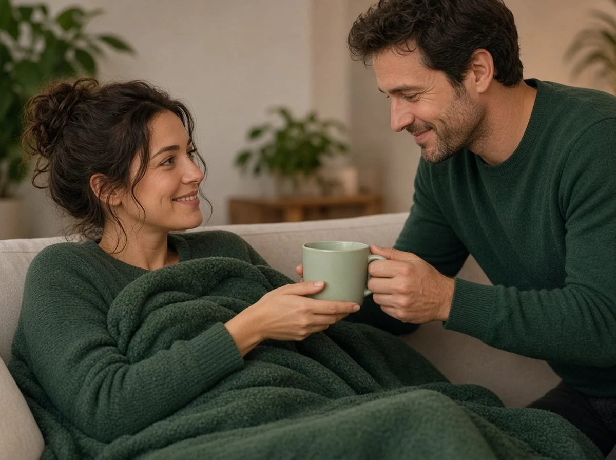 A partner bringing tea to someone resting on the couch