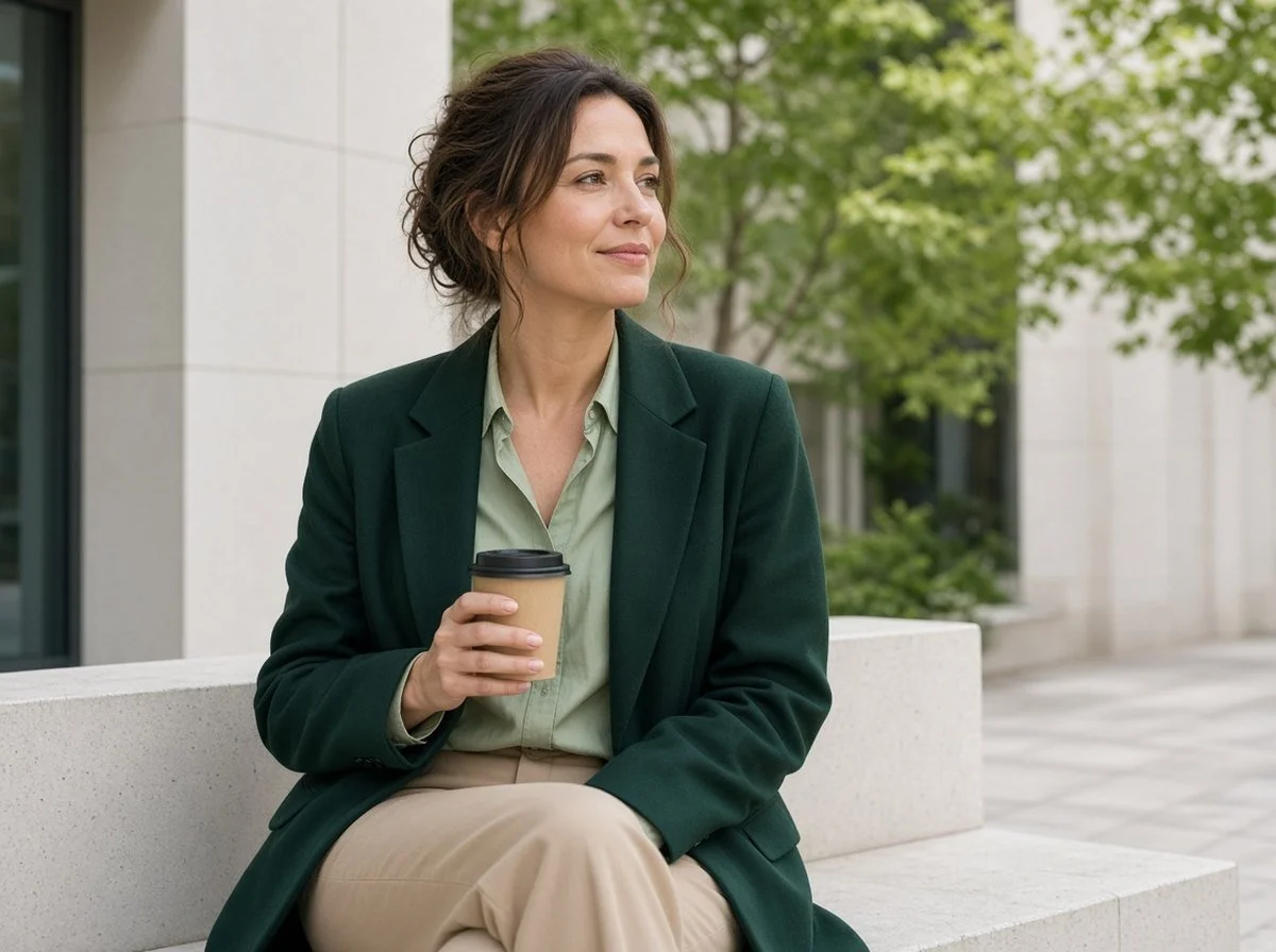 Woman taking a calm coffee break on a bench outside her workplace