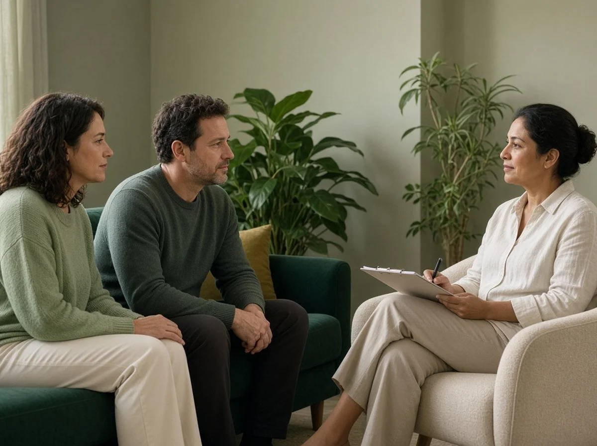 Client and supportive partner on a green sofa talking with a therapist holding a clipboard