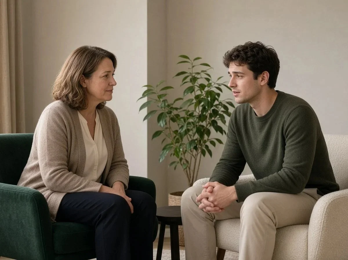 A counsellor and a client talking face to face in a calm counselling room