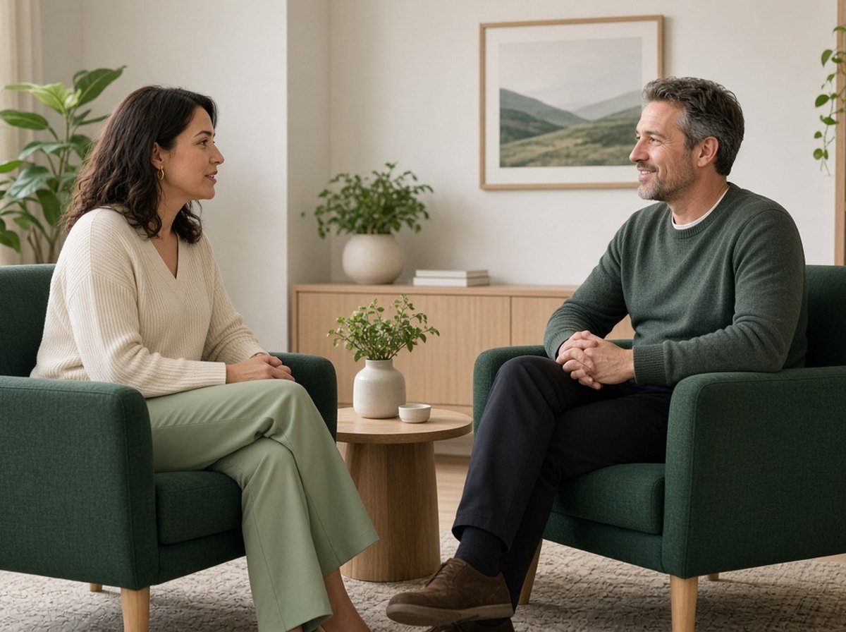 A woman talking with a counsellor in a bright office