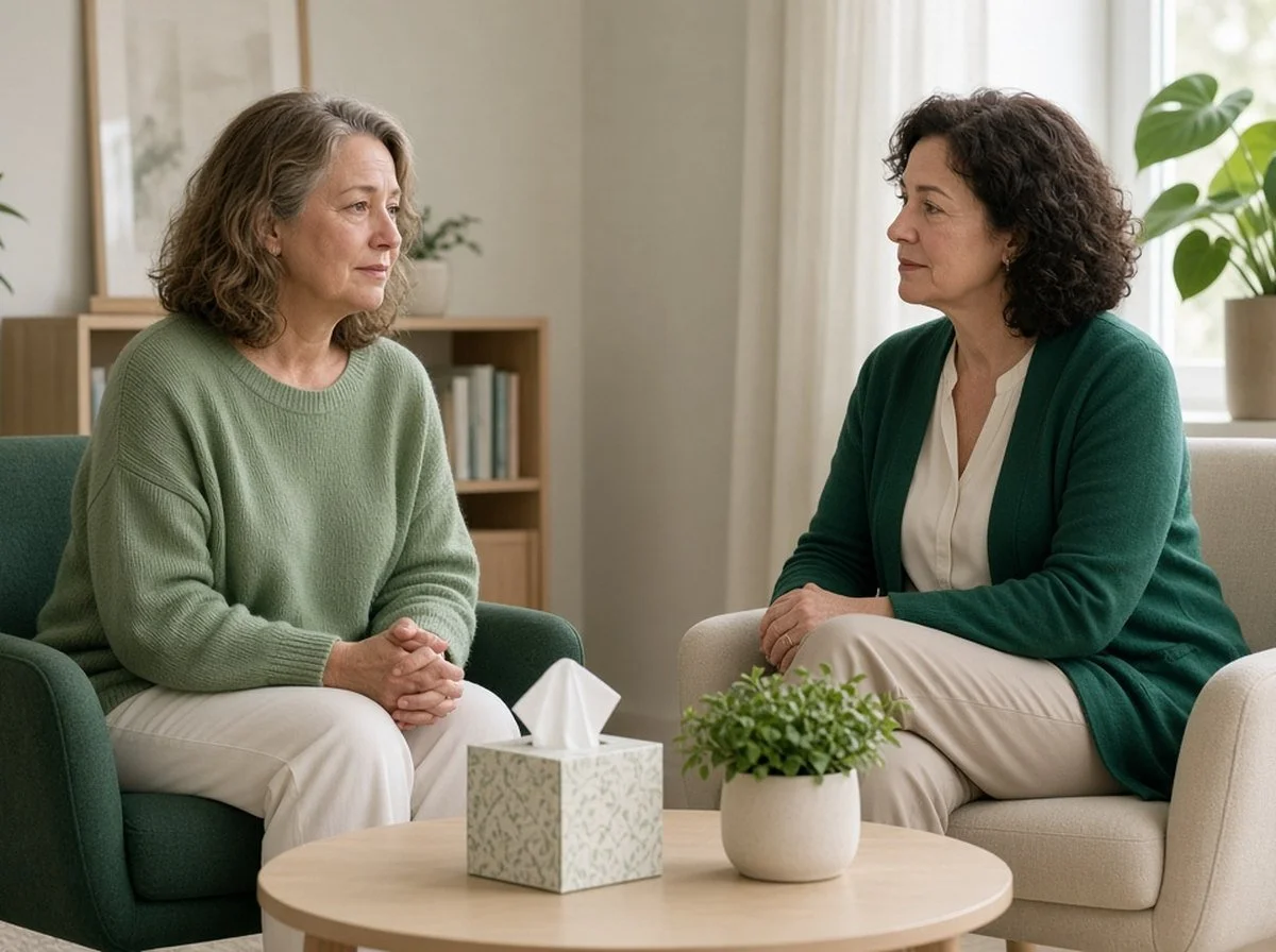An adult in their fifties talking with a therapist in a calm Cambridge counselling room