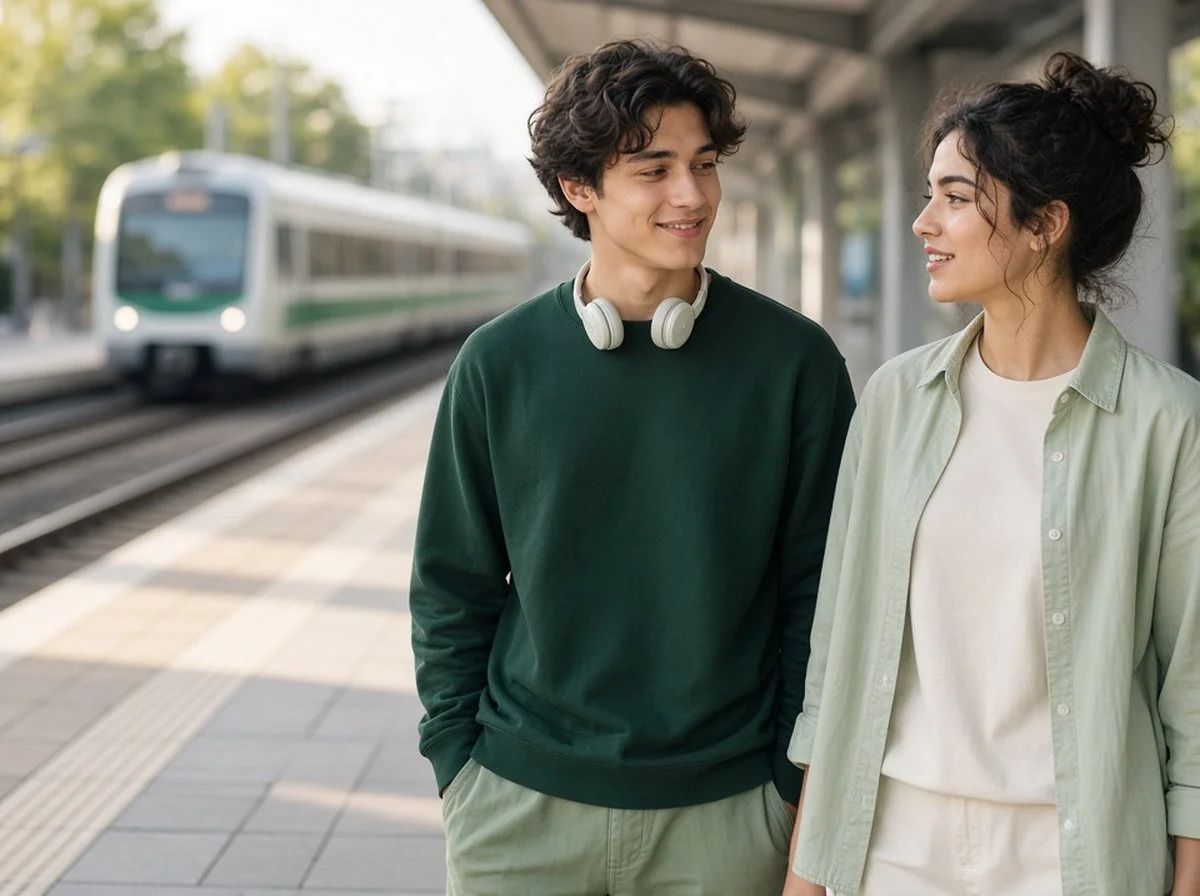 A calm young adult with a friend on a city transit platform
