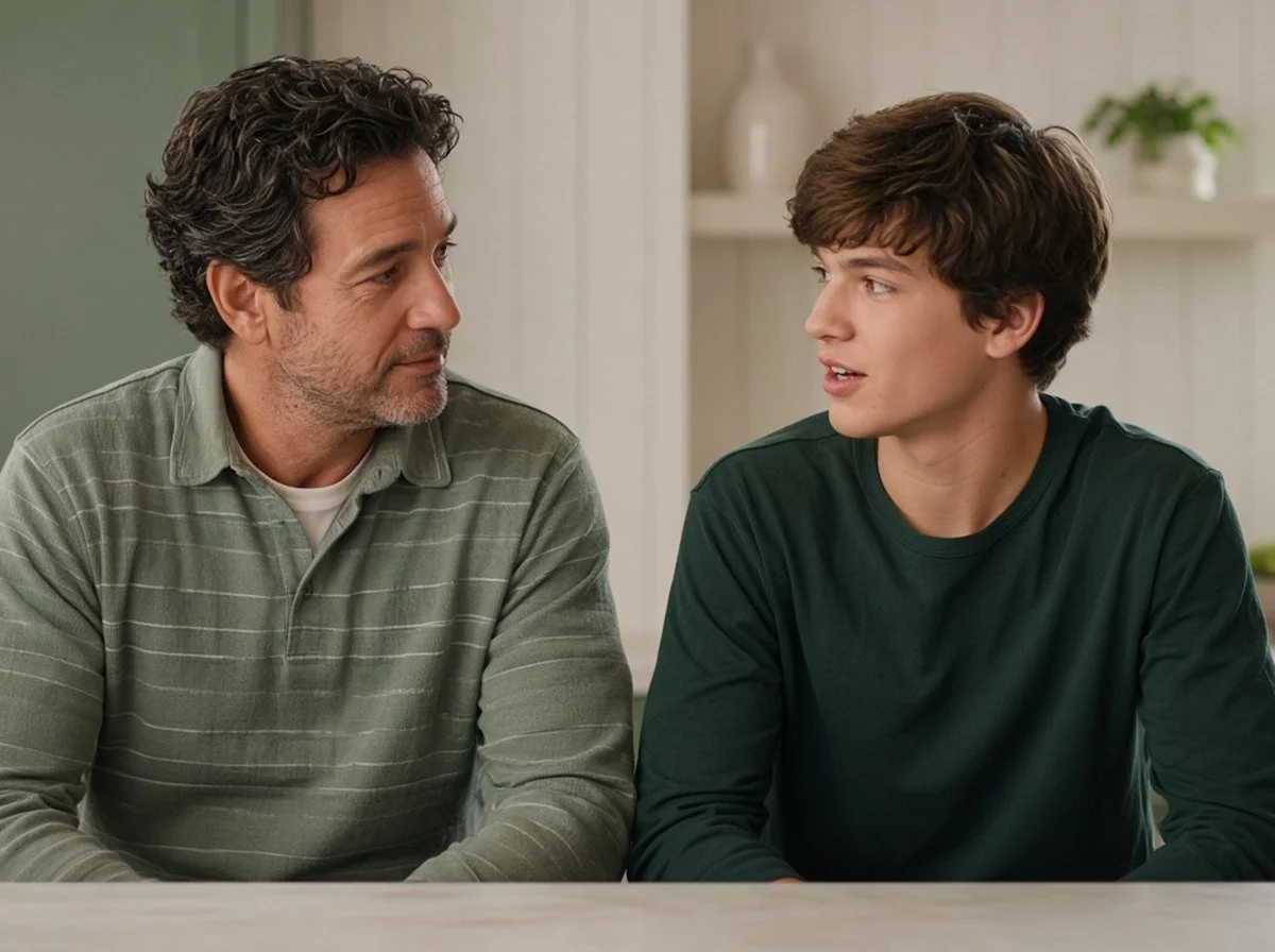 A father listening to his teenage son at a kitchen counter