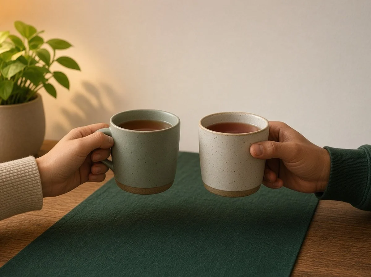 a couple shares tea during a calm conversation at home
