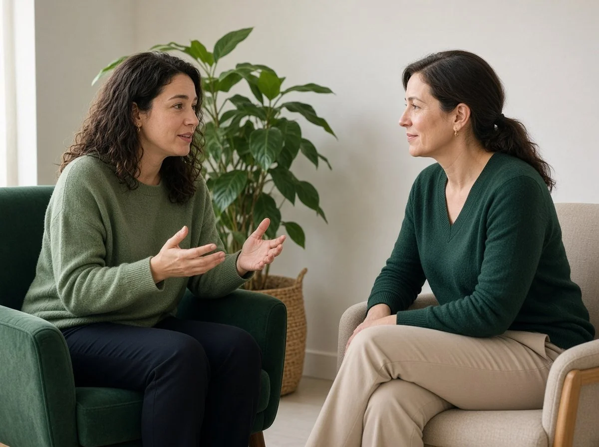 Woman talking openly with a therapist in a calm office