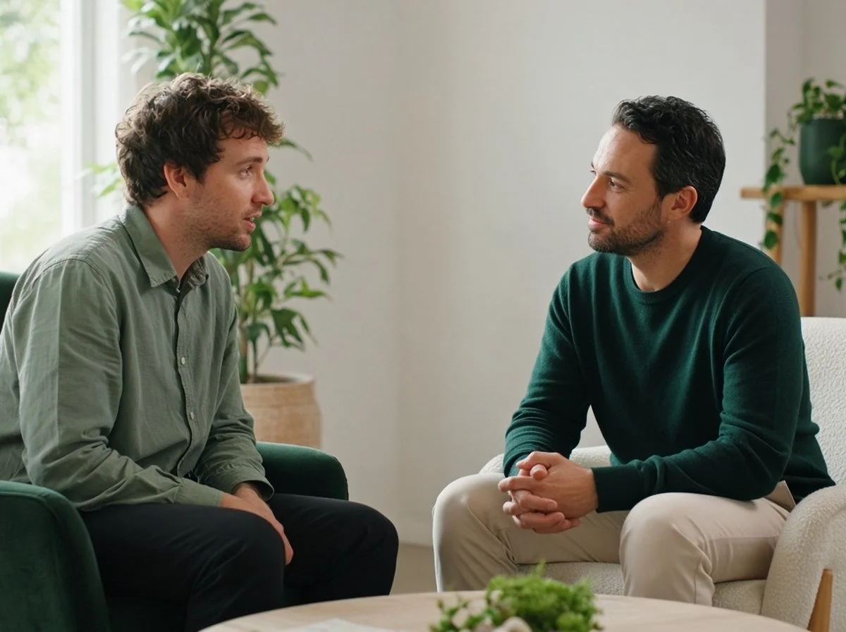 Man talking with a male therapist in a calm counselling room
