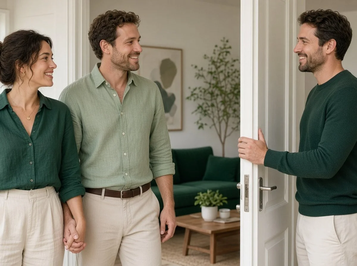 A couple arriving early at a small gathering and greeting the host