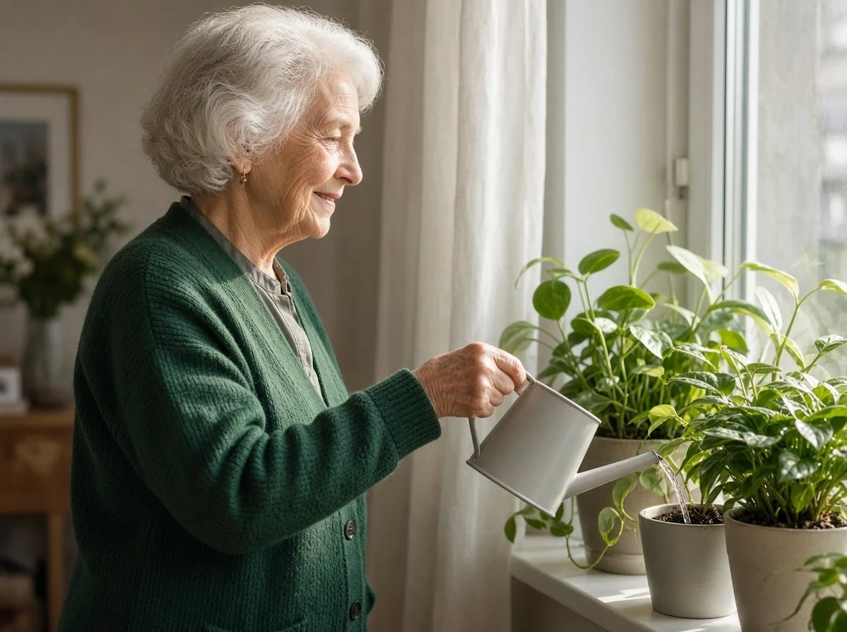 Older woman caring for plants in her sunny apartment