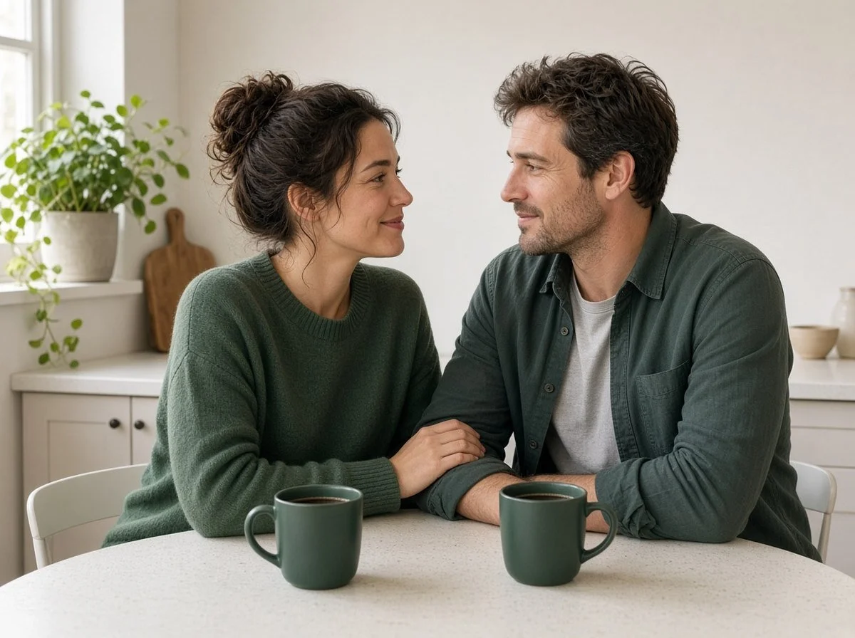 Couple at a kitchen table reconnecting over coffee after a disagreement