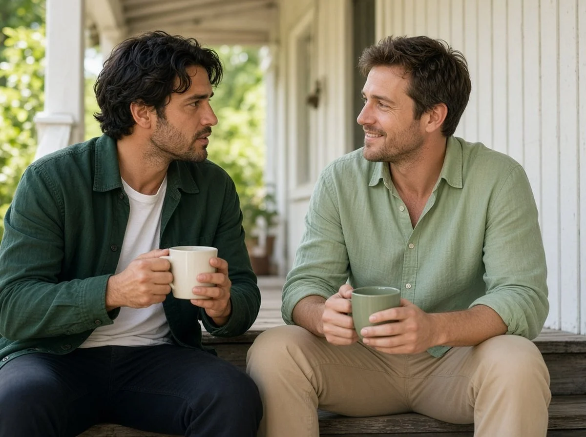 Two friends talking on a sunlit porch step