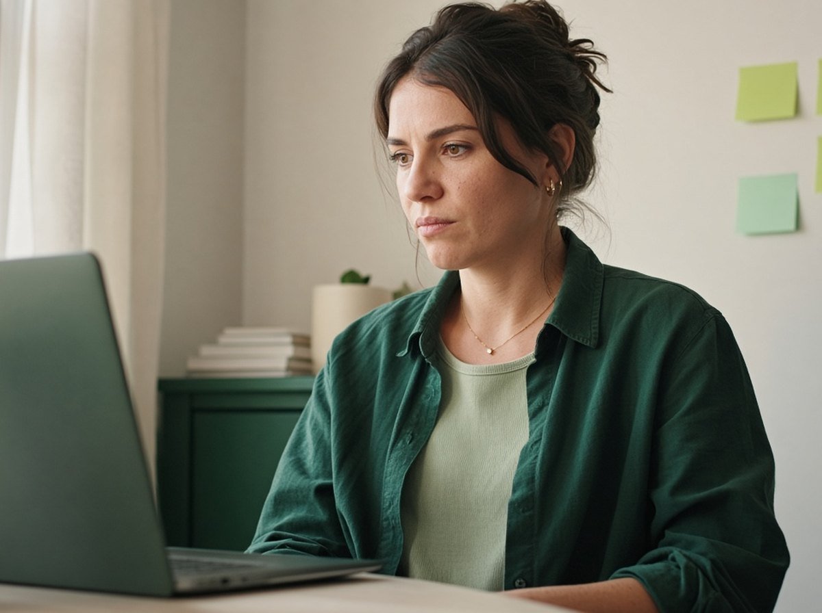 A woman at her desk looking stuck in front of her laptop with sticky notes nearby