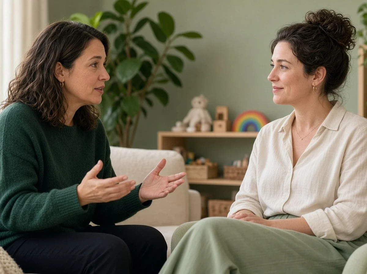 Parent and a therapist talking in a warm, softly lit room
